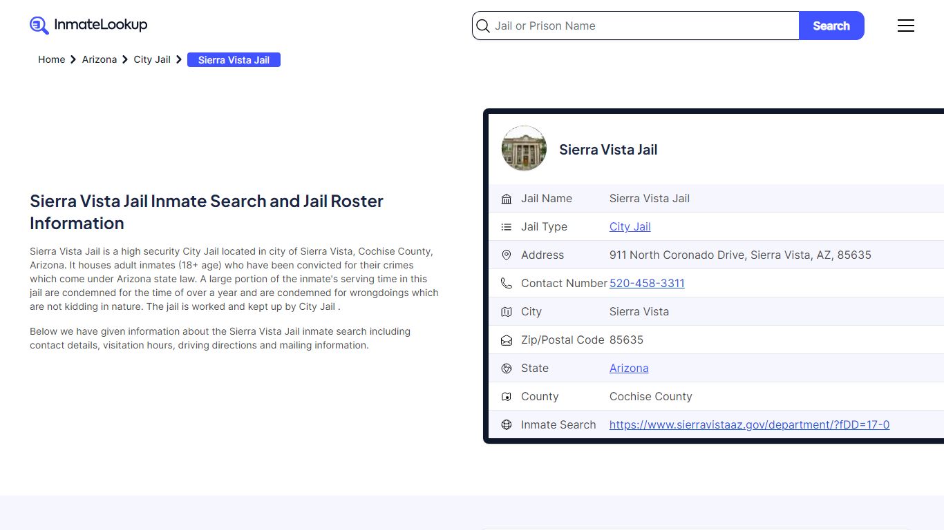 Sierra Vista Jail Inmate Search - Sierra Vista Arizona - Inmate Lookup